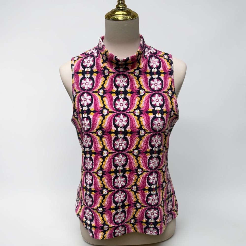 Maeve Anthropologie Mock Neck Top Lg Pink Floral Retro Sleeveless Mod Vibrant